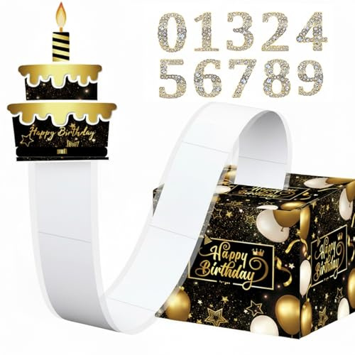 Geschenkbox Geburtstag, Spardose Bargeld Geschenk Ziehen, Überraschungsbox mit Digitale DIY Aufklebern und 100 Durchsichtigen Beuteln, Pop Up geschenkbox für Familie und Freunde, Unisex (Schwarz-Gold)