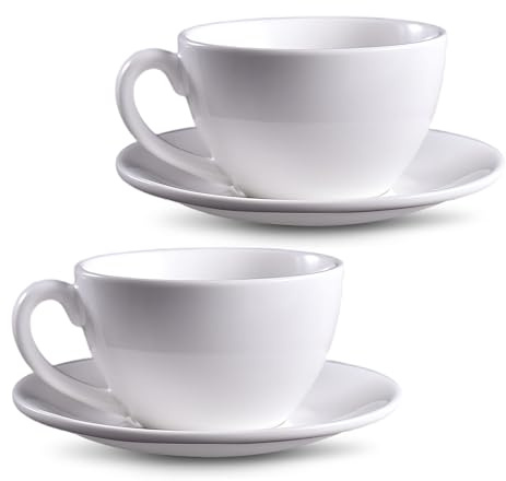 Cappuccino Tassen 2 Stück Porzellan Kaffeetassen Set mit Untertassen, Cappuccinotassen für Kaffee, Milch, Latte, 240ml, Weiß