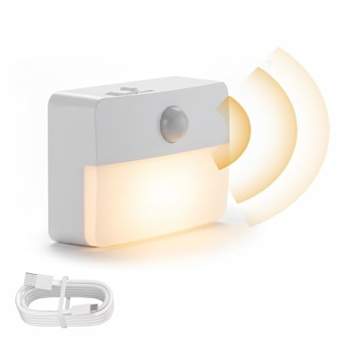 Coolilumi Motion Sensor Night Light Indoor, Rechargeable LED Stair Lights, Warm White Stick-On Closet Lights, Battery Operated Hallway, Cabinet, Bedroom, Kitchen Lamps (White) | Warm white stick-on wireless light for closet, hallway, cabinet, bedroom, kitchen, stairs, and other indoor low-light areas