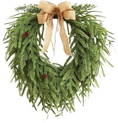 Weihnachtskranz im Landhausstil mit Juteschleife, Herzform 50 cm Norfolk Kiefer Kunstlich Grün Fensterkranz Winterdekoration für Haustür und Wohnzimmer, Real Touch (Grün)