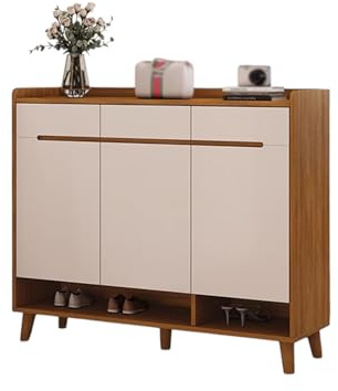 Zapatero estrecho de madera con cajón, ahorro de espacio, almacenamiento de zapatos de 32 cm, fácil montaje, almacenamiento de pasillo o aparador de nogal, se adapta a zapatos grandes, 100 x 32 x 100