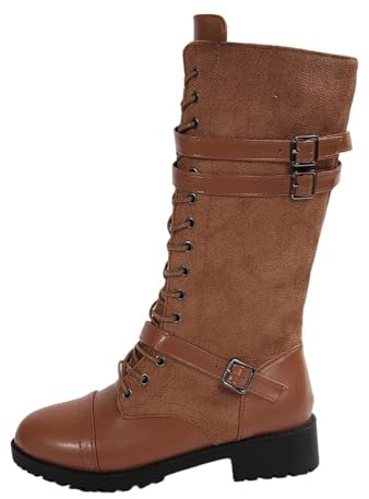 Generisch Botas de invierno para mujer, botas altas hasta la rodilla de ante con tacón grueso, plataforma con cordones, cómodas botas de invierno con acolchado suave, marrón, 42 EU