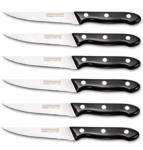 BERIZZA Juego de 6 Cuchillos de Carne de Mesa con Mango Negro en Polipropileno, Hoja de Acero Inoxidable, Diseño Elegante, Cuchillo Bistec, Chuletero
