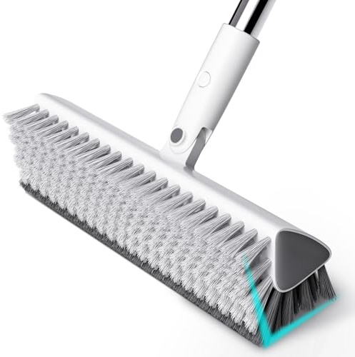 Bodenscheuerbürste mit Stiel 140 cm, V-Form Fugenbürste 180° drehbar, Doppelborsten hart & weich, Schrubber für Fliesen, Fugen, Bad, Terrasse, Garage, Küche & Außenbereich