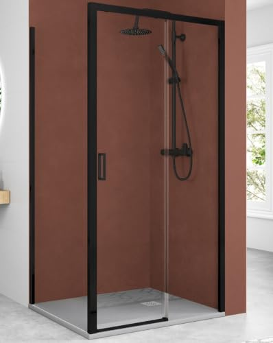 Mampara Ducha Rectangular Frontal Corredera 1 Puerta 1 Fijo | Cristal Templado 5mm Transparente | Perfil Negro 115cm (Adaptable 113,7-117,7cm) X 70cm