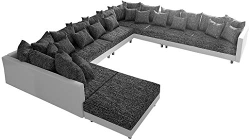 DELIFE Couch Clovis XXL Weiss Schwarz mit Hocker Ottomane Rechts Wohnlandschaft