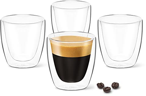 DLux Espresso Coffee Cups, Double Wall Clear Glass, Insulated Borosilicate Glassware Tea Cup, 4 pcs, 90 ml