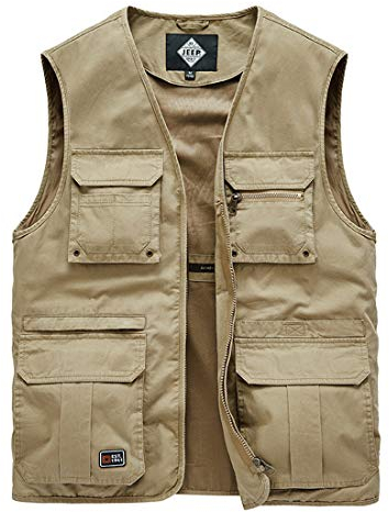 ZTJ-Lighting Herren Outdoor Weste mit Vielen Taschen, Sommer Angelwesten Leicht Safari Weste, Multifunktionsweste Jacke für Angeln Jagd Camping Safari,Khaki,2XL