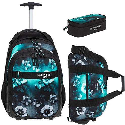 3 Teile Set: Trolley Elephant Hero Signature Schultrolley Trolly Sporttasche Mäppchen (Flower Türkis-Schwarz Verlauf)