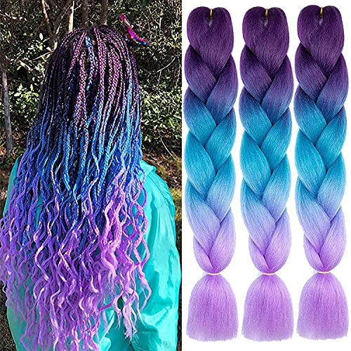 FANWYFYU Kanekalon Haarverlängerung, 3 Packungen, 51 cm, Jumbo Braids Strähnen, Haarverlängerung aus Kunstfaser, für Häkeln, Twist, Flechten (Violett/Blau/Violett)