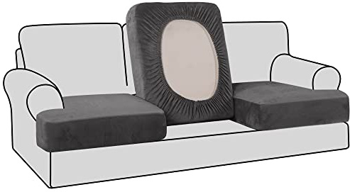 H.VERSAILTEX Stretch Velvet 3 Piece T Cushion Sofa Slipcovers Individually Cushion Cover for 3 Cushion Couch Seat Cushion Covers for Sofa Seat Cushion Covers Stay in Place(Sofa, Grey)