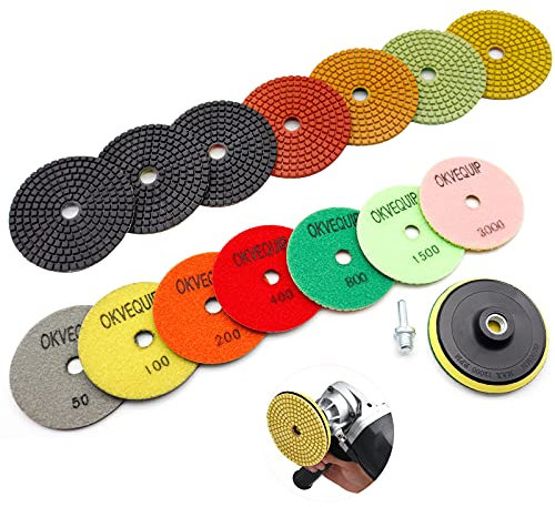 OKVEQUIP 8PACK Diamond Polishing Pads 4 Inch Wet Dry Set for Granite Stone Quartz Concrete Marble Floor Grinder or Polisher 50#-3000# Grit with 5/8 inch-11 Drill Adapter Hook Loop Backing Holder Pad
