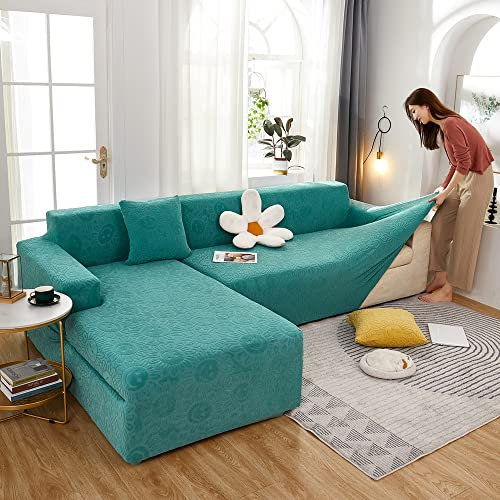 ABUKJM Couvre canape d Angle en Velours Jacquard Housses de Protection de Salon, Housse canape Extensible Tout Compris, Tissu Doux et Confortable, Lavable en Machine,Turquoise,3 Seater 190-230cm