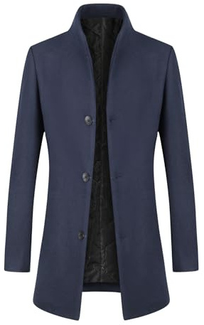 Allthemen Lång vinterkappa i tjock ull för män parkas varm vindtät jacka med ståkrage, Marinblå tjock, XXL