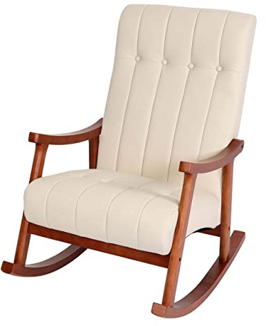 Mendler Schaukelstuhl HWC-K10 - Kunstleder Creme, Gestell Walnuss-Optik | Schaukelsessel, Schwingstuhl, Relaxsessel, FSC®