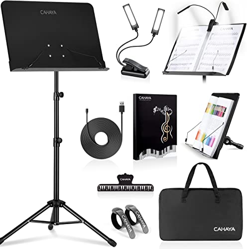 CAHAYA 6 in 1 Notenständer mit Ständer Leichter Desktop Buchständer mit Tragetasche, Notenmappe & Clip Metall Tragbare solide Rückseite für Gitarre, Ukulele, Geige Spieler CY0194set