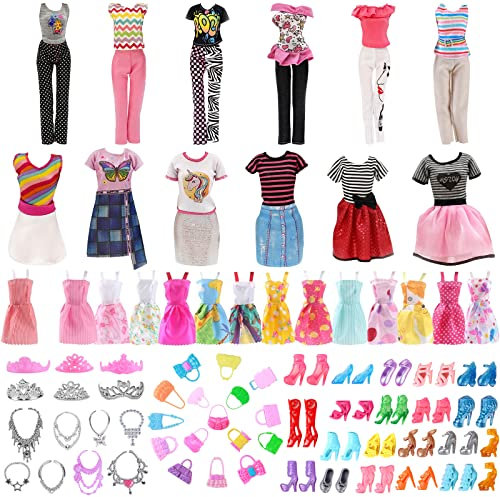 VEGCOO 41 Stück Kleidung & Puppenzubehör, 5 schicke Kleider + 4 Outfits (Oberteil + Hose) + 6 Halsketten + 6 Kronen + 10 Handtaschen + 10 Paar Schuhe für 11,5 Zoll Puppenmädchen Geschenk (41 Stück)