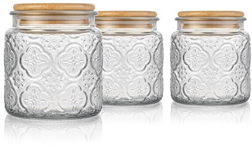 Danmu Art Tea Coffee Sugar Canisters Sets Glass Jars with Lids Set of 3 Glass Airtight Storage Jars with Bamboo Lids (Begonia, 500ml)