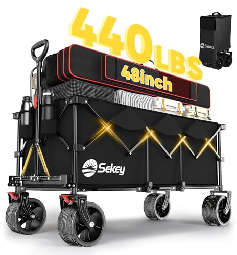 Sekey 48''L Collapsible Foldable Extended Wagon with 440lbs Weight Capacity, Heavy Duty 300L Folding Utility Garden Cart with Big All-Terrain Beach Wheels & Drink Holders. Black