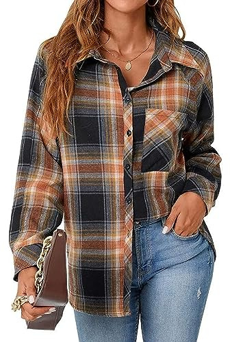 Zontroldy Camicia da donna in flanella, a maniche lunghe, con bottoni, oversize, in flanella, camicetta top, Colore: nero kaki., L