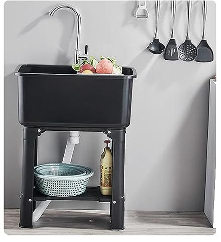 HCZION Kunststoff Waschbecken 1 Becken Spülbecken Freistehende Spültisch 60cm Küchenspüle Mobiles Handwaschbecken Gewerbliche Ausgussbecken (Color : Black, Size : 40x60cm/15.7x23.6in)