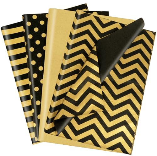 Seidenpapier für Geschenktüten, 100 Blatt Schwarz Goldenes Seidenpapier Geschenkpapier, 4 Designs Tissue Paper Verpackungsmaterial Bastelpapier für Geburtstag Verpackung, 50X35CM