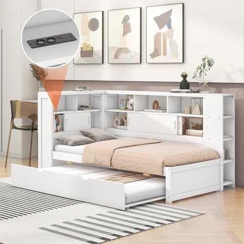 MQLAE Funktionsbett 90x200cm(90x190cm) mit ausziehbarer Liegeflächett, Kinderbett Ausziehbett mit Staufach mit USB, Platzsparendes Jugendzimmer Einzelbett mit Stauraum, Weiß