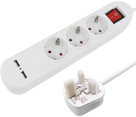 EU Europe to UK Travel Adapter Adaptor 1.5m Extension Lead 3 Way Schuko Sockets plus 2 USB fitted with Type G UK plug