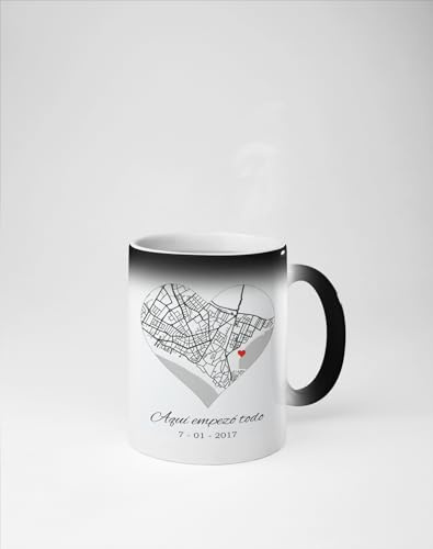 C&P Taza magica mapa del amor donde empezo todo, personalizada con tu ubicacion favorita, 350 ML (CORAZON BLANCO Y NEGRO)