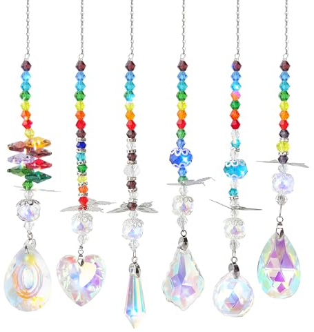 JYNTERPLAY 6 Stück Sonnenfänger Kristalle Anhänger Bunte Liebevoll Regenbogen Chakra Glas Kristall Ornament Kristallkugeln Licht für Zuhause Büro Garten Weihnachten Party Hochzeit