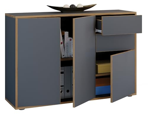VCM Holz Kommode | Sideboard mit Drehtüren und Schubladen | Büromöbel | Maße ca H. 74 x B. 110 x T. 32cm - Salia Anthrazit