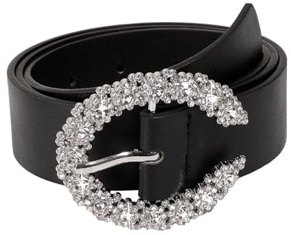 Harilla Rhinestone Belt Fashion PU Leather Belt for Women Bling Stylish Female Buckle Belt Waist Belt Jeans Pants Sweaters Dress