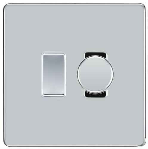 BG Polished Chrome Screwless Flat Plate 2 Gang Light Switch 1x Trailing Edge LED Dimmer 1x 2 Way Custom Switch