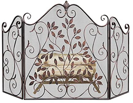 Pare-feu cheminée élégant Forme Feuille, Pare-étincelles Acier Robuste, Pare-feu Pliable à 3 Panneaux, Couverture Maille Solide, entièrement Ouvert, 130 cm Large