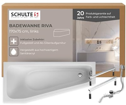 Schulte Badewanne Riva links 170x75 cm, links aus hochwertigem Acryl in Weiß glänzend inkl. Fußgestell, Ab- und Überlaufgarnitur