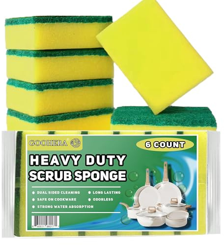 Heavy Duty Scrub Sponge for Cookware, Dual-Sided Cleaning Pot Scrubber, Odorless, Long-Lasting, Kitchen and Dishwashing Essential, Large & Thick 4 x 2.8 x 1.5 Inches, 6 Pack