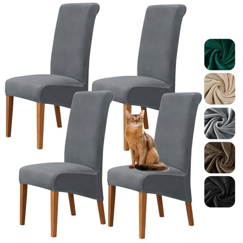 Alishomtll Samt Stuhlhussen 4er Set, XL Stuhlbezug Schwingstühle, Grau | Stretch Hussen für Stühle, Große Esszimmerstühle Bezug, Waschbar Abnehmbar Hussen für Küche Bankett Hochzeit Party