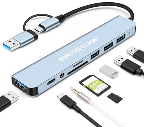Hub USB 3.0, Adaptador Tipo C 8 en 1 con 4 Puertos Tipo A, Lector de Tarjetas SD MicroSD y Adaptador de Audio con Jack de 3.5mm, Extensor USB para Ratón, Teclado, Unidad Flash e Impresora, etc.