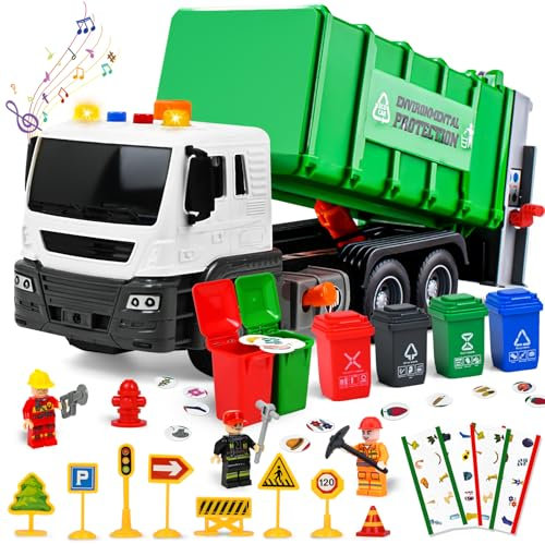 Joellfuner Camión de Basura Juguete, Vehiculos Camión, vehículo Sanitario de Fricción, Juguete de Basura con LED Luz y Sonidos, Regalos para Niños y Niñas de 3 4 5 6 7 8 9 10 Años (Verde)