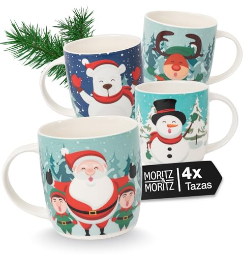 Moritz & Moritz Lot de 4 tasses de Noël en porcelaine, 350 ml, gobelets festifs, avec motifs de Noël, passent au lave-vaisselle et au micro-ondes, pour café, thé et cacao