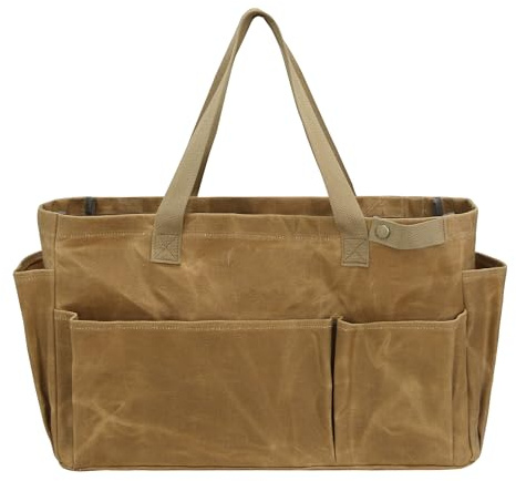 offene werkzeugtasche, tasche gartengeräte leer, Campingtasche, handtasche xl, shopper tasche groß, Waxed canvas, mehrere organisierte Fächer, 46×28×18cm (Khaki)