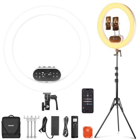 NEEWER 19 tum 100 W högeffekt LED-ringljus med stativ och 3 telefonhållare kompatibel med iPhone, 2900-7000K CRI97+ app/2,4G, Selfie-ljus inspelning video makeup streaming, RH100B