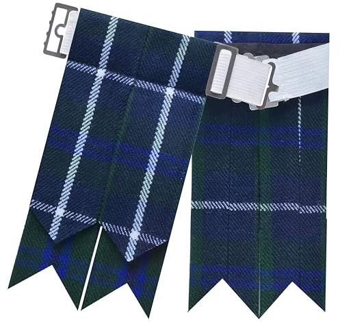 Kilt Flashes - Calze da uomo in tartan classico e tinta unita, con pesanti regolatori con fibbia, giarrettiere in lana acrilica a punta, perfette per abiti delle Highland, Douglas blu, Taglia unica