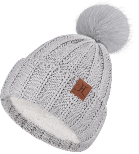 ZASFOU Damen Winter Mütze Beanie mit Fleecefutter Warme Zopfmuster Pompom Wintermütze Thermo Strickmütze Mützen für Frauen Geschenk