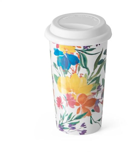 Floral Travel Coffee Mug 12 Ounce Flower Tumbler with Lid, Ceramic Travel Cup Tall Tea Cup Water Bottle with Beautiful Flower Prints Vintage Blooming Bouquet For Women Sister Friends Mom, Modern Gift