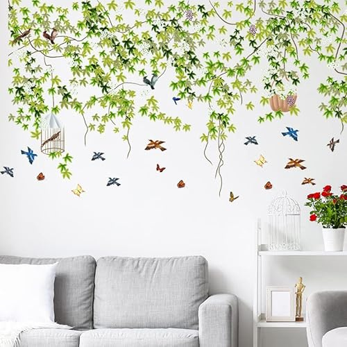 Hanging Vine Ivy Wall Stickers Birds Green Plants Evergreen Leaves Wall Decals Living Room Bedroom TV Background Wall Decor