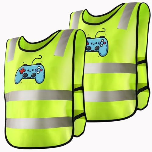 Zidoley Lot de 2 Gilets Haute visibilité pour Enfants de 6 à 12 Ans, Gilets Haute visibilité universels pour Enfants, Gilet de sécurité Lavable avec Bandes réfléchissantes (Manette de Jeu)