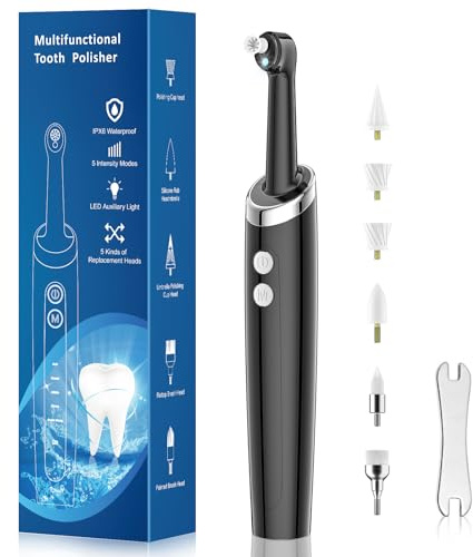HANGSUN Tooth Polisher Plague Remover for Teeth Whitening, Tooth Cleaner Teeth Cleaning Plaque Removal for Dental Cleaning Kit, Yellow Teeth Stain Remover with 5 Brush Heads, Black