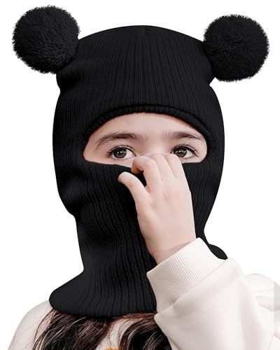 KAKU NANU Stickad mössa för pojkar med balaclava, pom och öronmuffar för pojkar och flickor i åldrarna 2 till 8 år, svart, 4-10 år
