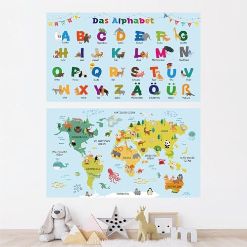2Pcs - Wandtattoo Weltkarte Tierweltkarte XL 58x100cm - Tiere Wandtattoos mit Deutsch ABC Alphabet - Wandsticker Wanddeko Geschenk für Junge Mädchen Babyzimmer Kinderzimmer Schlafzimmer